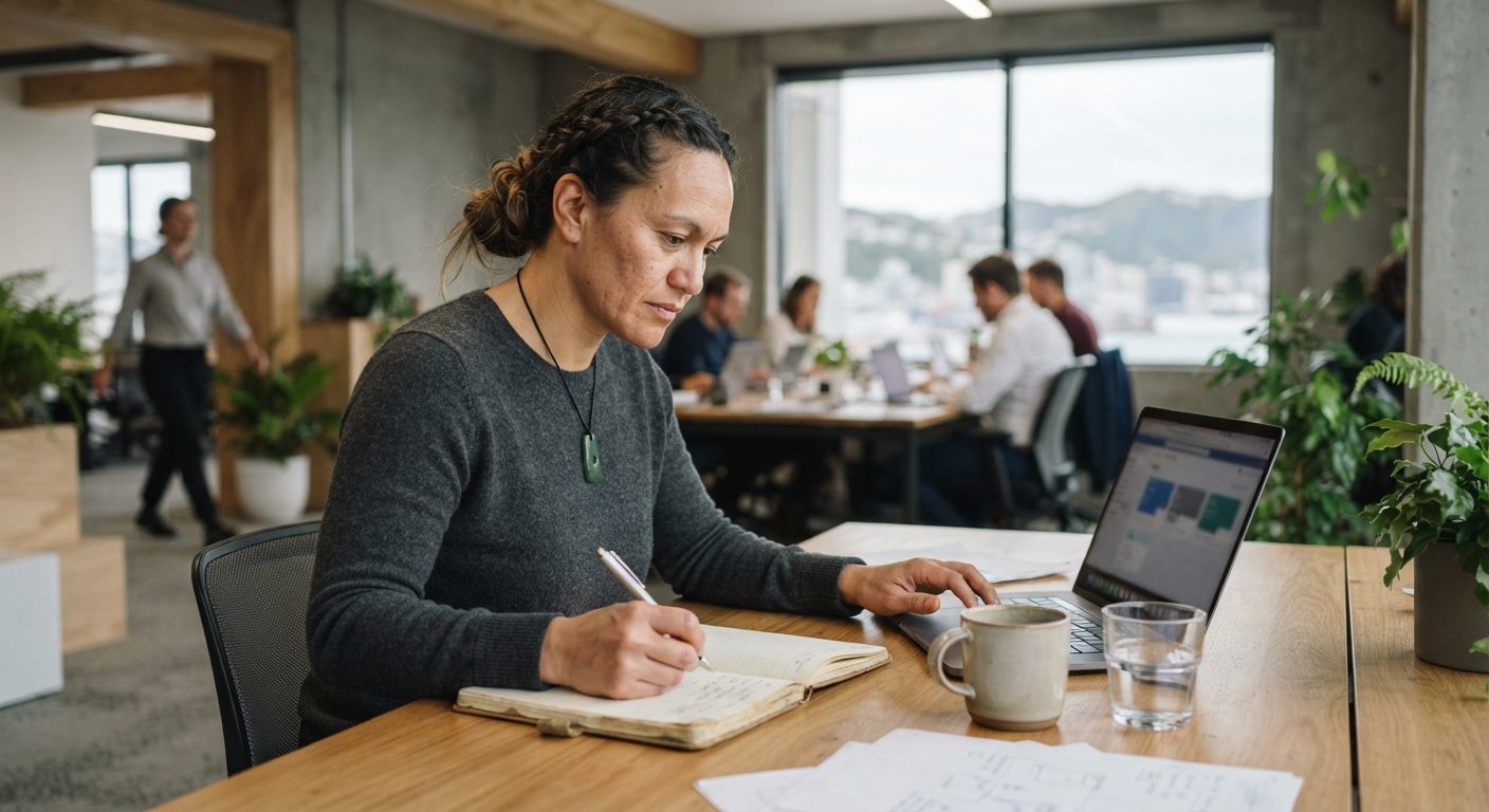A manager planning work in a notebook at a shared office desk