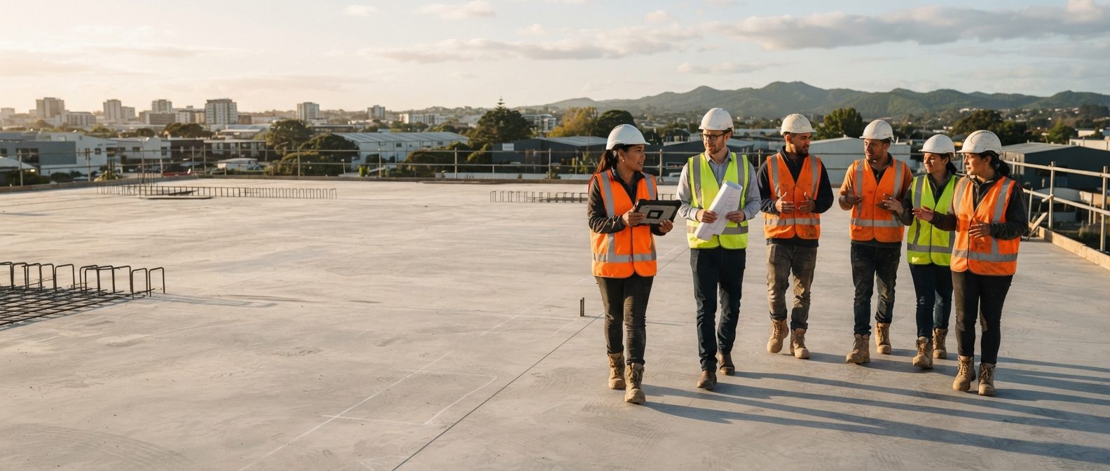 A site team in hi-vis walking across a concrete slab