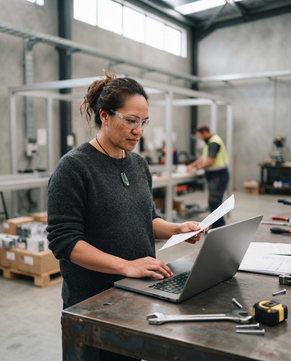 A production manager checking a job sheet against her laptop at a workshop bench