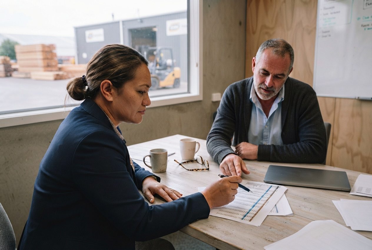 An operations manager and a general manager reviewing printed report pages